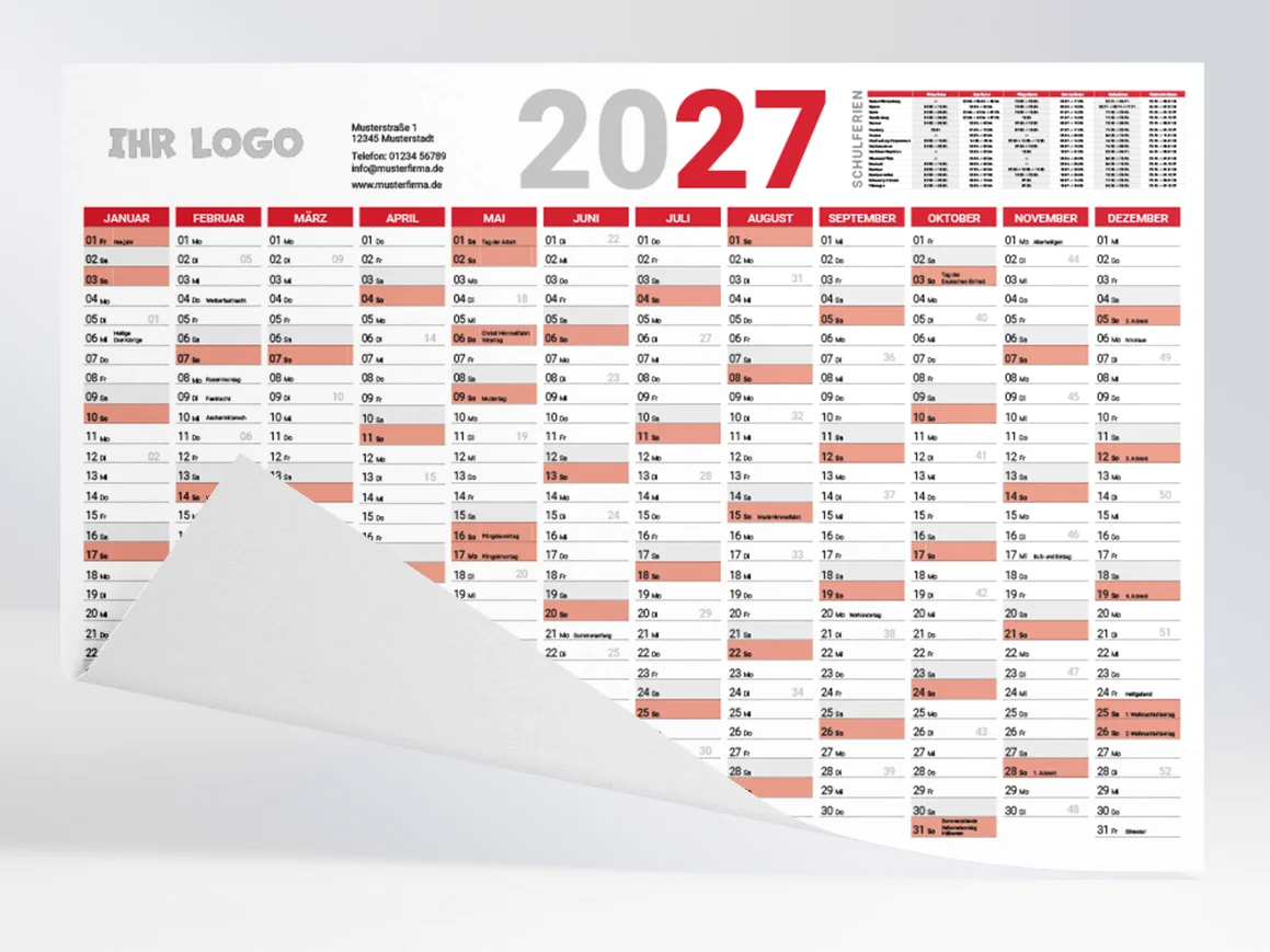 Wandkalender Jahresplaner 2027 mit Logo und Anschrift