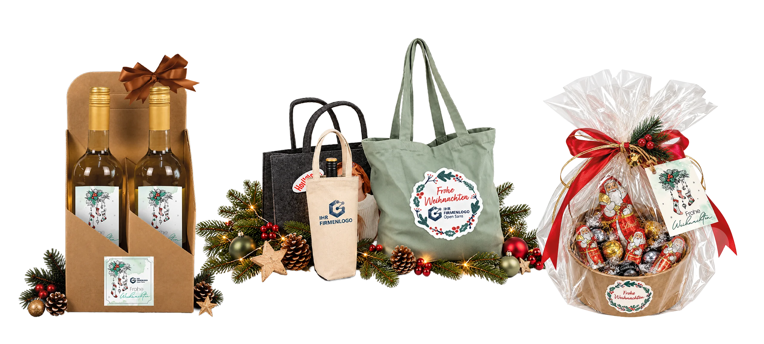 Weinkarton, Tragetaschen und Geschenkkorb mit Weihnachtsdekor