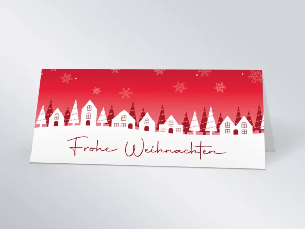 Weihnachtskarte „Schneedorf“ DL quer Falz oben