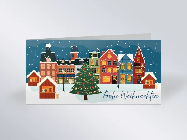 Weihnachtskarte DIN lang quer, Falz links „Weihnachtsdorf“